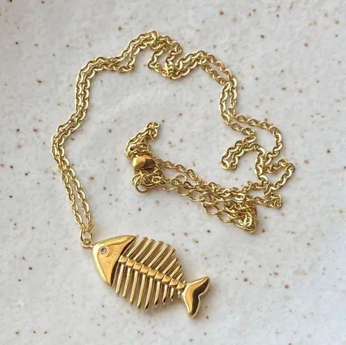 Handmade fully gold tone stainless steel fishbone boho funky necklace🌀🐟