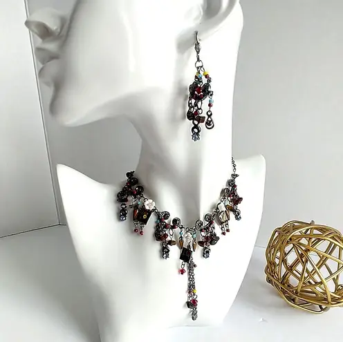 Boho Hippie Mixed Media Charm Dangle Necklace Set