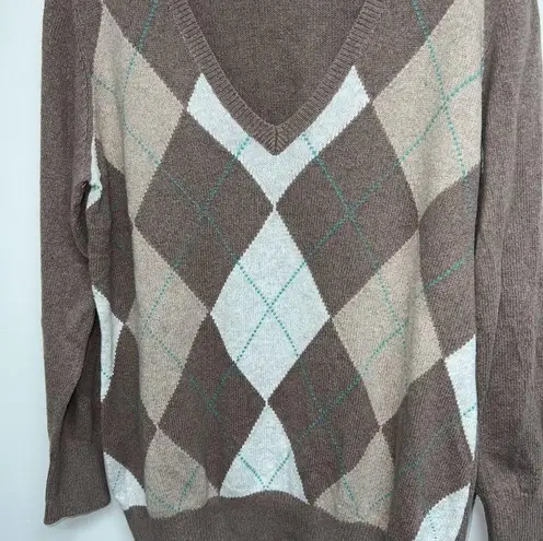 Old Navy  Womens Argyle Sweater Size XL Brown Tan V-neck Pullover Cotton Rabbit