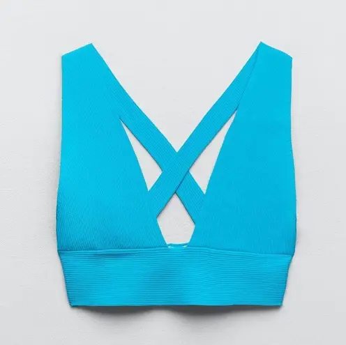 ZARA  RIBBED BRA CROP TOP V-NECK CRISS CROSS BACK BLUE SIZE M NEW