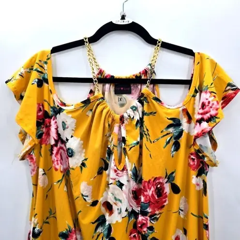 First Love 012.  Yellow Floral Cold Shoulder Short Sleeve Blouse Top 1XL