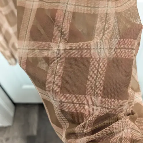 AUW Plaid Mesh Overlay Midi Dress L Sheer Neutral Check Y2K Fall Look Chic Tan Size L