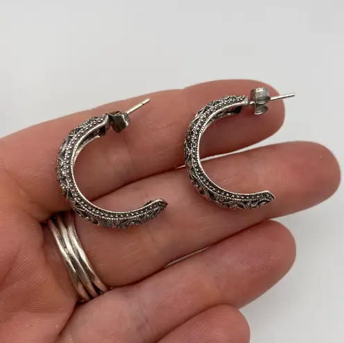 Sterling Silver Open Hoop Marcasite Scroll Earrings 925