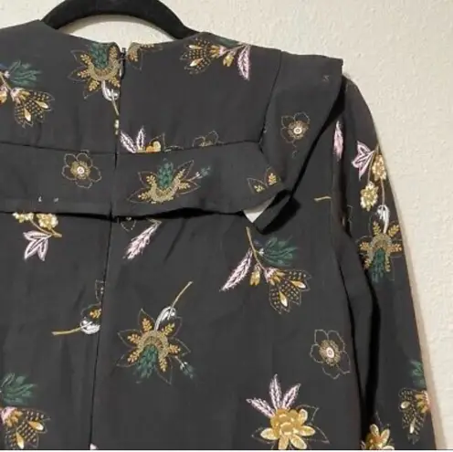 A.L.C. Annaleigh Black Silk Ruffle Floral Yoke Top Blouse