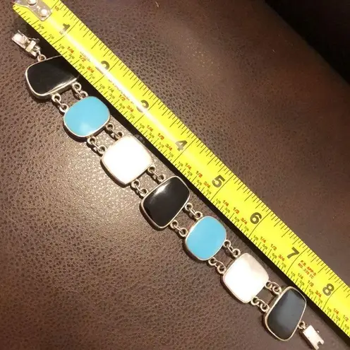 Sterling Silver Mother of Pearl Black & Turquoise Cabochon Linked Bracelet