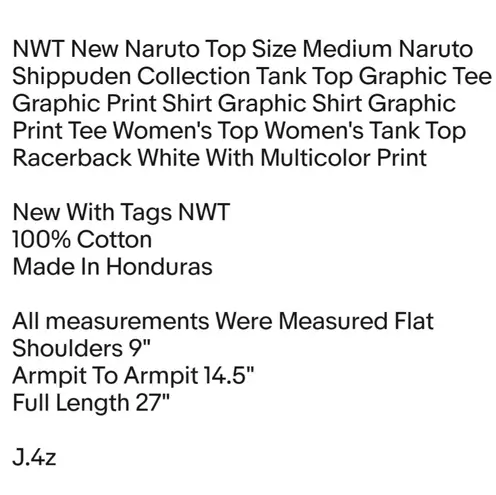 Naruto Anime NWT New Naruto Top Size Medium Naruto Shippuden Collection Tank Top Graphic Tee Graphic Print Shirt