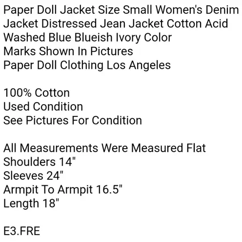 Paper Dolls Paper Doll Jacket Size Small Women's Denim Jacket Distressed Jean Jacket Cotton