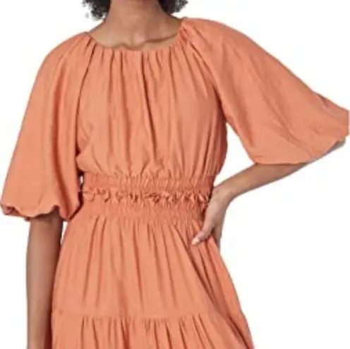 Moon River Puff Sleeve Back Cutout Midi Dress Rust