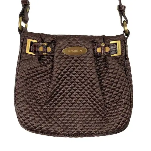 Brahmin  Crossbody Purse Brown Quilted Faux? Leather Strap Gold Hardware Zip FLAW