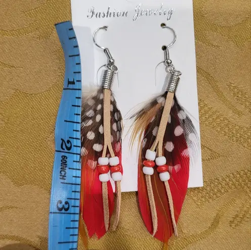 Feather With Beaded Faux Leather Hook Earrings Red