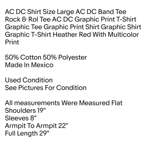 Shirt Size Large Band Tee Rock & Roll Tee AC DC Graphic Print Shirt Unisex