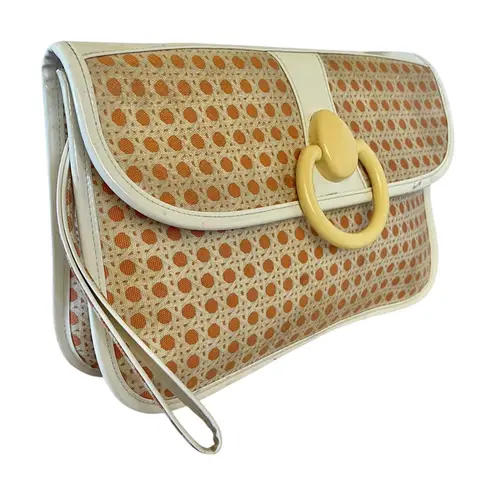 Vintage Lulu Guinness Lattice Print Coral White Vinyl Trim Wristlet Clutch Bag