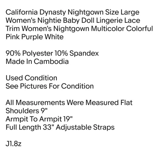 California Dynasty Nightgown Size Large Women's Nightie Baby Doll Lingerie Lace Trim Pink