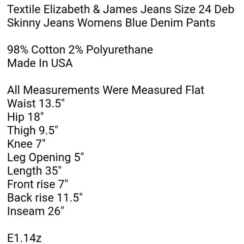 Elizabeth and James Textile Jeans Size 24 Deb Skinny Jeans Womens Blue Denim Pants