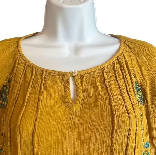 Charming Charlie  Womens Small Yellow Turquoise Floral Embroidered Boho Blouse