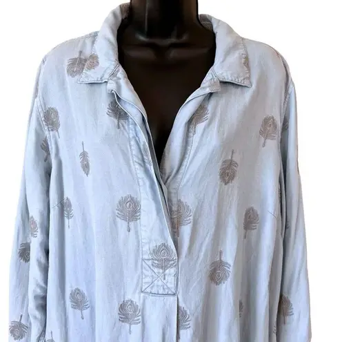 Soft Surroundings Paisley Park Chambray Peacock Feather Embroidered Shirt Dress