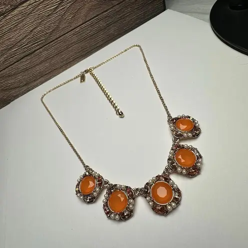 Kate Spade Orange Rhinestone Faux Pearl Gold Tone Necklace Bella Fleur