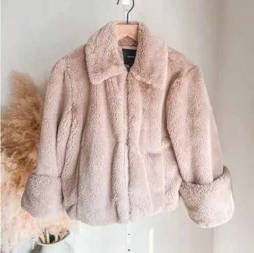 Forever 21 F21 Plush Faux Fur Shearling Jacket Mauve Pink Lux Collared Teddy Coat Small