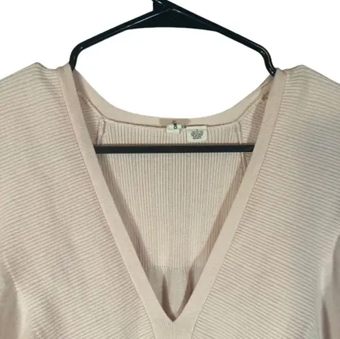 Moth Blush Pink Ribbed Balloon Short Sleeve Fitted V