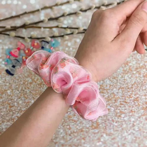 Pink Strawberry Filled Scrunchie Shaker Scrunchie Organza Satin Scrunchie