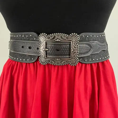 Western Edgy Cowgirl Black Leather Studded Embossed Thick Band Plus Size Belt