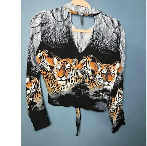 Painna Long Sleeve Crop Top Womens Med/Large Art To Wear Tiger Goth Grunge Y2K Black
