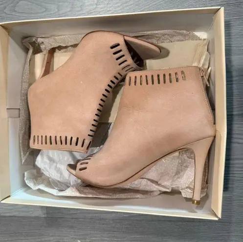 Loeffler Randall Sloane Perforated Suede Peep Toe Heeled Booties in Shell 8