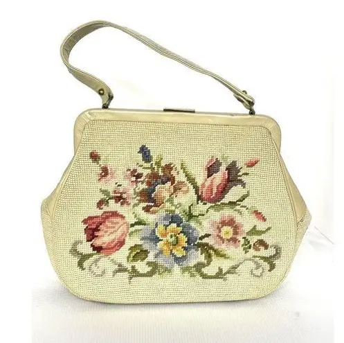 Vintage 50's Needlepoint Floral Purse Handbag Pockets Coin Purse Beige