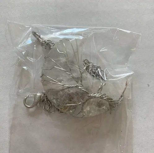 CLEAR Quartz Crystal Tree of Life Wire Wrapped Crescent Moon Pendant Necklace Silver