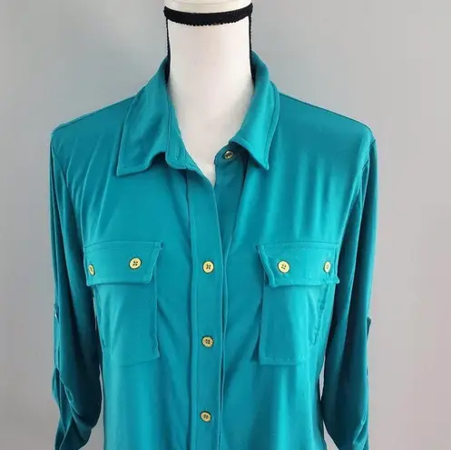 Ellen Tracy Company Green Button Up Relaxed Fit Top L