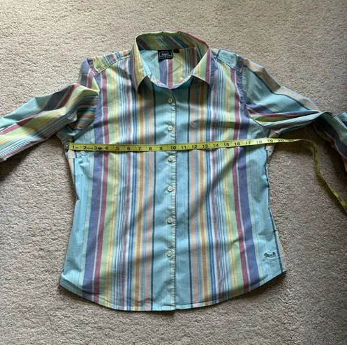 The Classic Le Tigre Woman’s Multicolored Striped Long Sleeve Button Up Shirt, Sz L.