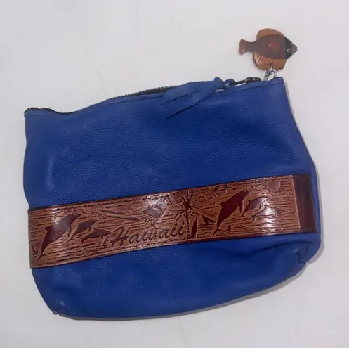 Aloha From Hawaii Dyed Leather Embellished Zip Wristlet Coin Purse Wooden Fish Blue