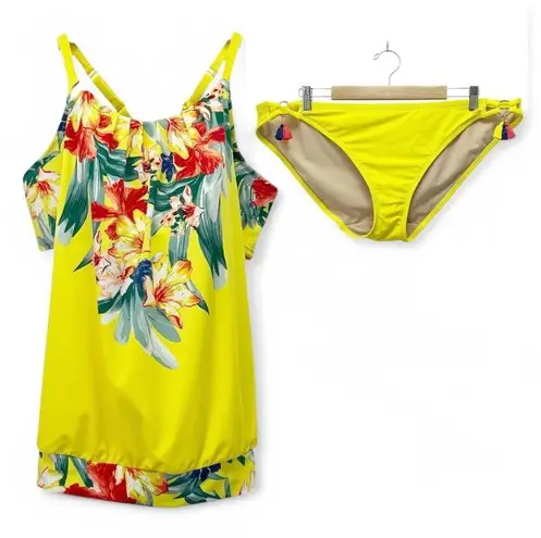 Cacique NWT SWIM by Yellow Floral Blouson Tankini & Bikini Bottom Set Size 14/16