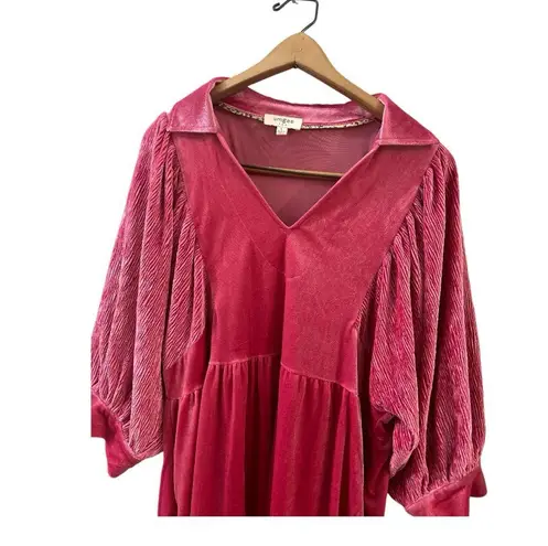 Umgee  Pink‎ Velvet Dress Collared V Neck 3/4 Pouf Sleeves with Contrast Detail L