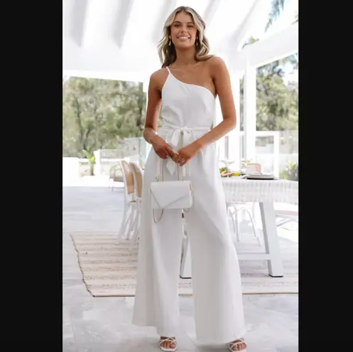 Petal and Pup  Leyton White One Shoulder Wide Leg Belted Jumpsuit 4