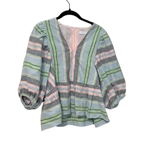 Hunter Bell Pink Blue Striped Linen Blend Landry Puff Blouse Top Size Medium