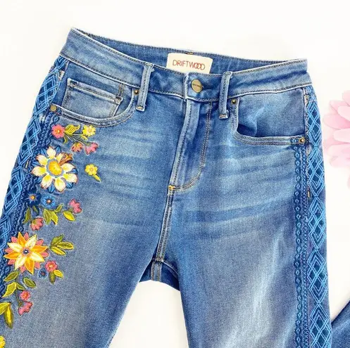 Driftwood Jackie High Rise Floral Embroidered Distressed Skinny Tulip Hem Jeans