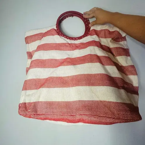 CRABTREE & EVELYN Red White Striped Wrapped Circular Handles Beach Tote Hand Bag