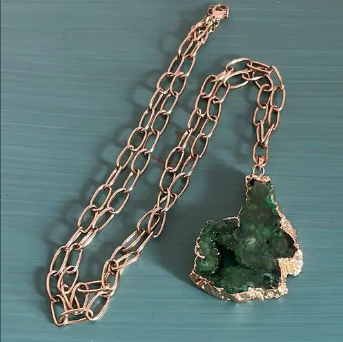 Dyed Green Quartz Geode Free Form Gold Trim Pendant On Paperclip Chain Necklace