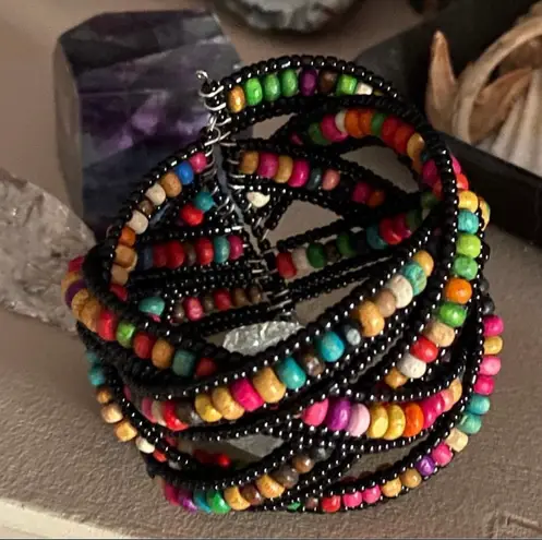 Multi Color Glass Bead & Wooden Beaded Cuff Bracelet Adjustable Multiple