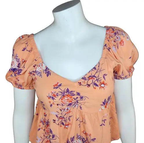 Abound NWOT  Womens XS Coral Floral Print V-Neck Puff Sleeve Peplum Blouse