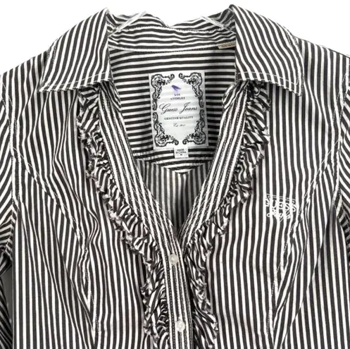 Guess Gray White Stripe Ruffle Fitted V-neck Button Up Shirt Size Medium Stretch