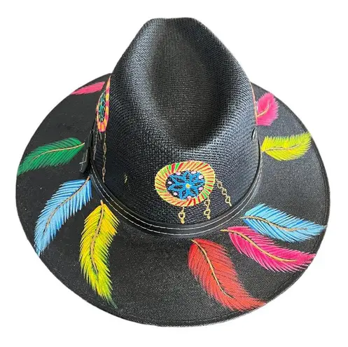 HAT MEXICAN Artisanal Hand Painted Fedora Floral Sombrero Panama Bohemian Black
