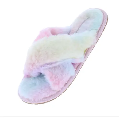 New Boutique Fur Slippers Criss Cross Fluffy Flat Slide Sandal Multiple Size 6