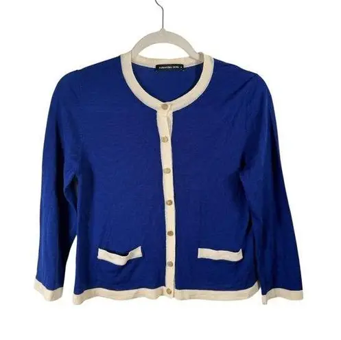 Samantha Sung Blue Cream Cardigan Crop Sweater 100% Wool Preppy Womens Medium
