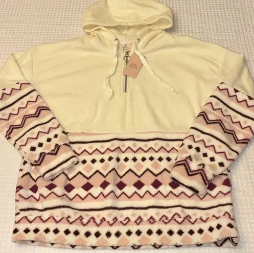 Como vintage NEW! Fleece Hoodie Sweatshirt Size M Ivory Pink Purple Geometric