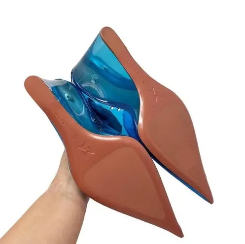 Amina Muaddi NEW Ane Pointed Toe PVC Glass Patent Wedges Heels Blue US 7.5