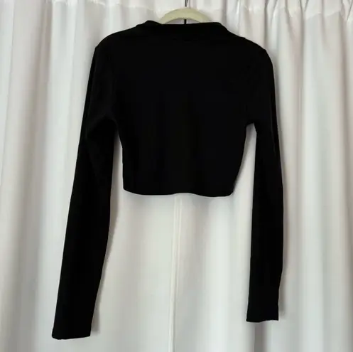 Solid Black Athletic Y2K Zip Up Slim Fit Crop Long Sleeve Top Size Large