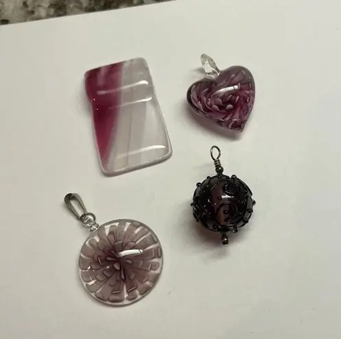 Handmade Lot Of 4 Costume Pendants / Charms Blown Art Glass Purple / Pink Mix