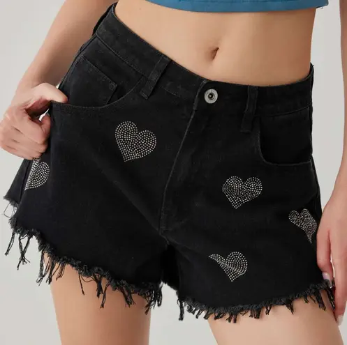 Cider GUC Rhinestone Heart Ripped Denim Shorts Size Small